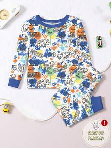 2 件套小男孩趣味恐龙印花针织弹力面料柔软舒适圆领长袖睡衣套装 - 彩色 - 查看 1
