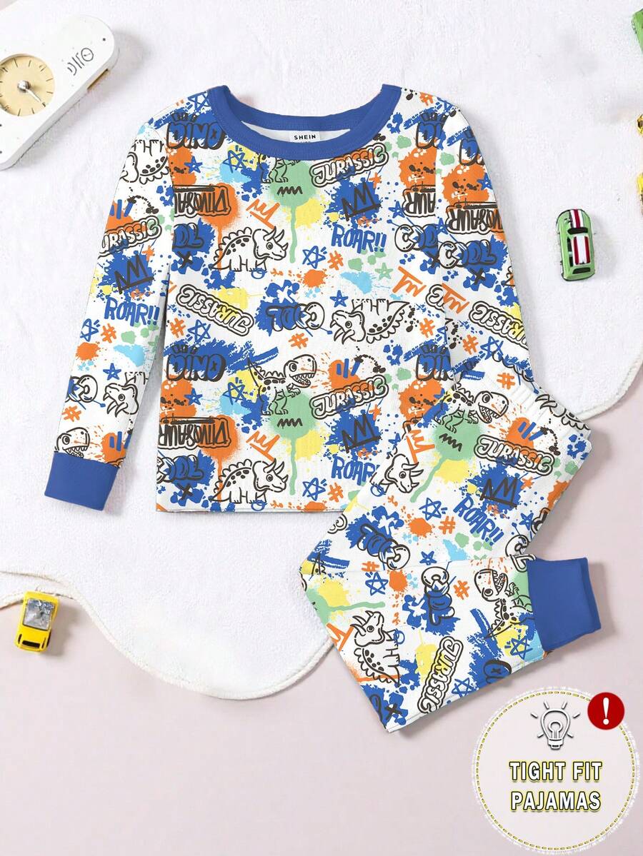 2 件套小男孩趣味恐龙印花针织弹力面料柔软舒适圆领长袖睡衣套装 - 彩色 - 查看 1