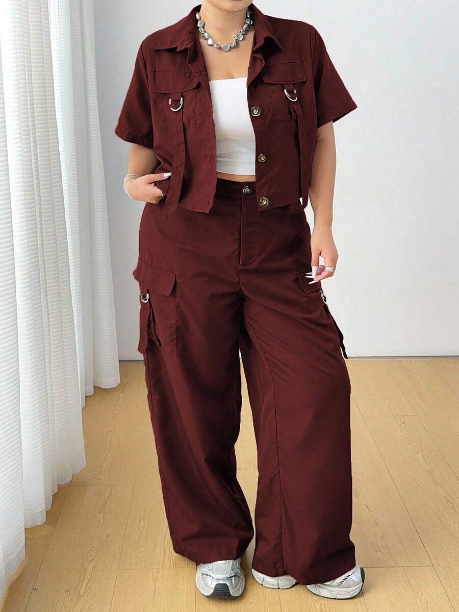 POPSWAY Freizeitset aus Hemd und Hose mit Gürtel in Große Größen