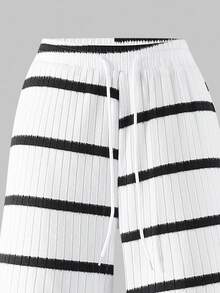 女士休闲宽松落肩圆领T恤搭配毛边罗纹抽绳阔腿裤两件套，适合日常出游 - 白色 - 查看 6