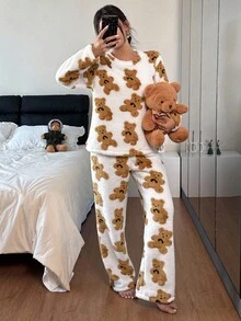 Snug Zone Casual Women Comfortable Bear Plush Sweatshirt And Pants Pajama Set Teddy Bear Pajama Set Animal Print Pajama Set Pajamas Teddy Bear Pajamas, Fall/Winter Clothes, Fluffy, Cozy - Multicolor - View 5