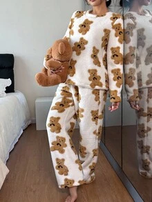 Snug Zone Casual Women Comfortable Bear Plush Sweatshirt And Pants Pajama Set Teddy Bear Pajama Set Animal Print Pajama Set Pajamas Teddy Bear Pajamas, Fall/Winter Clothes, Fluffy, Cozy - Multicolor - View 8