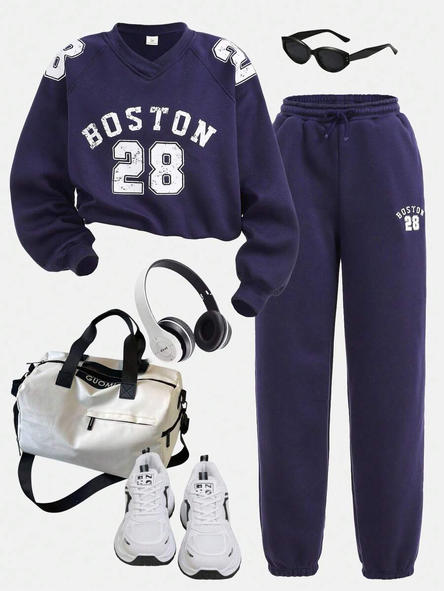 SHEIN Leap Crew Teen Girls Casual Loose V-Neck Pullover Hoodie & Printed Drawstring Waist Sweatpants 2-Piece Set, Autumn/Winter Fall - Navy Blue - View 1