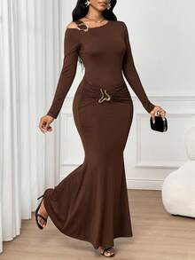 SHEIN Lady Women's Elegant Asymmetric Neckline Fishtail Dress For Party - Rust Brown - View 9