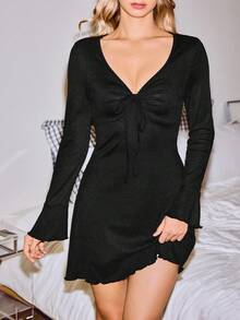 Lowkey Lull V-Neck Tie Ruched Fitted Women Home Dress - Black - View 4