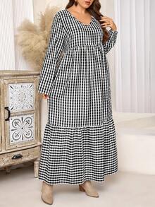 EMERY ROSE Plus Size Casual Loose V-Neck Plaid Long Dress Plaid Dress Women Picnic Dress For Woman Houndstooth Dress Gingham Dress, Autumn/Winter,2025 New