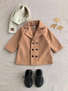 SHEIN 1pc Infant Boys & Girls Fashionable Minimalist Street Style Khaki Lapel Long Sleeve Mid-Length Trench Coat, Suitable For Daily Wear, School, And Photography, Autumn/Winter