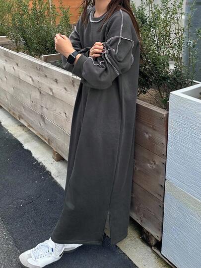 FRIFUL Women's Round Neck Sweatshirt Dress, Loose Straight Fit, Contrast Color Trim Decor, Casual Street Style Long Dress