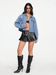 ROMWE Women's Casual Fashion Rhinestone Embellished Drop Shoulder Loose Cropped Denim Jacket, Spring/Autumn - Blue - View 7