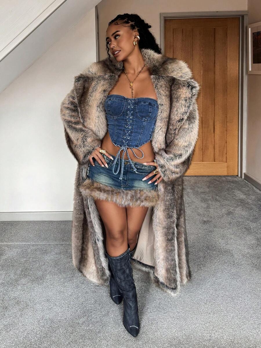 StreetHx Women's Corset-Style Cropped Denim Bustier Top With Lace-Up Design - Blue - View 1