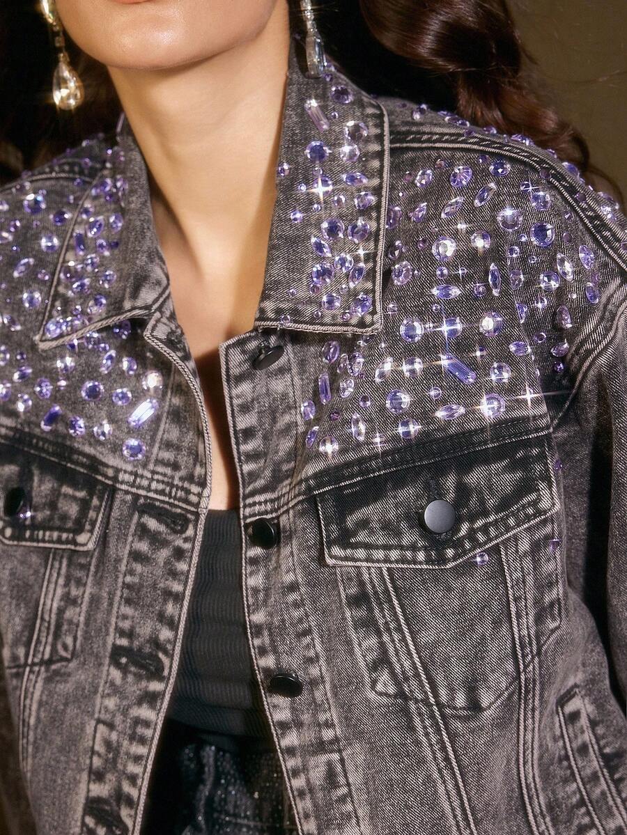 Anewsta Giacca di jeans nera con decorazioni di diamanti, adatta per autunno/inverno, Natale, Capodanno, feste, elegante, di lusso, formale, chic, laurea - nero - Visualizzare 1