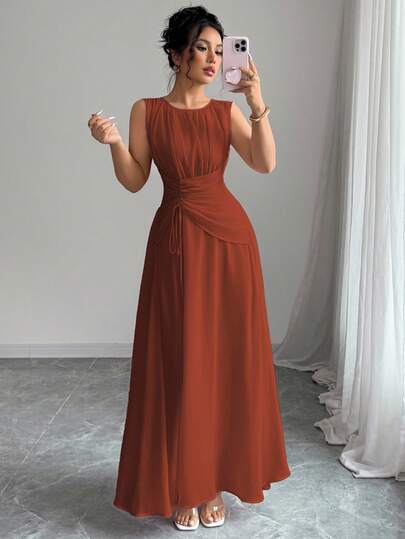 Elenzga Vestido maxi de gasa elegante y casual para mujer, estilo vintage romántico, adecuado para la playa, el té de la tarde, fiestas, bodas, ir al trabajo, sin mangas, cintura con cordón, espalda plisada, forrado, primavera/verano