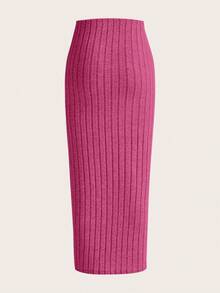 SHEIN Tall CURVE 大码纯色罗纹铅笔裙 - 玫紅色 - 查看 2