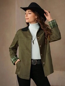 Wildy Women's Plaid Cuff Single-Breasted Casual Winter Jacket Going Out Tops