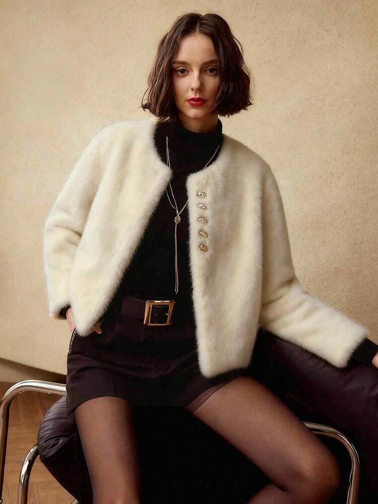 FASHIONABLE & VERSATILE GOLD BUTTON PLACKET FAUX FUR COAT