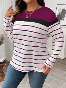 SHEIN LUNE Plus Size Color Block Striped Long Sleeve Women T-Shirt Tees Women Tops For Spring - Red Violet - View 4