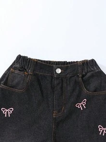 SHEIN Elladie kids Tween Girl 2025 Autumn & Winter Cute Pink Bow Embroidered Black Wide Leg Jeans,Back-To-School Retro Y2K Loose Denim Pants For School,Dark Pink,Soft - Black - View 6