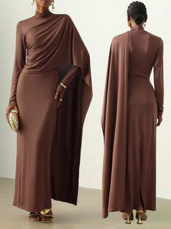 Vesra Women's Elegant Solid Color Shawl Collar Dress, Suitable For Party Chocolate Brown Dress Gown