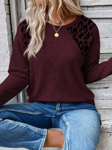 EMERY ROSE Camiseta de manga larga con cuello redondo y estampado de leopardo, talla grande, color burdeos, para otoño/invierno - Multicolor - Ver 3