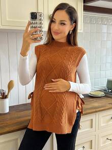 SHEIN Women Loose Fit High Neck Side Slit Tie Design Casual Maternity Sweater Vest, Autumn/Winter