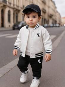 SHEIN Playful Pals 男婴条纹飞行员夹克和运动裤