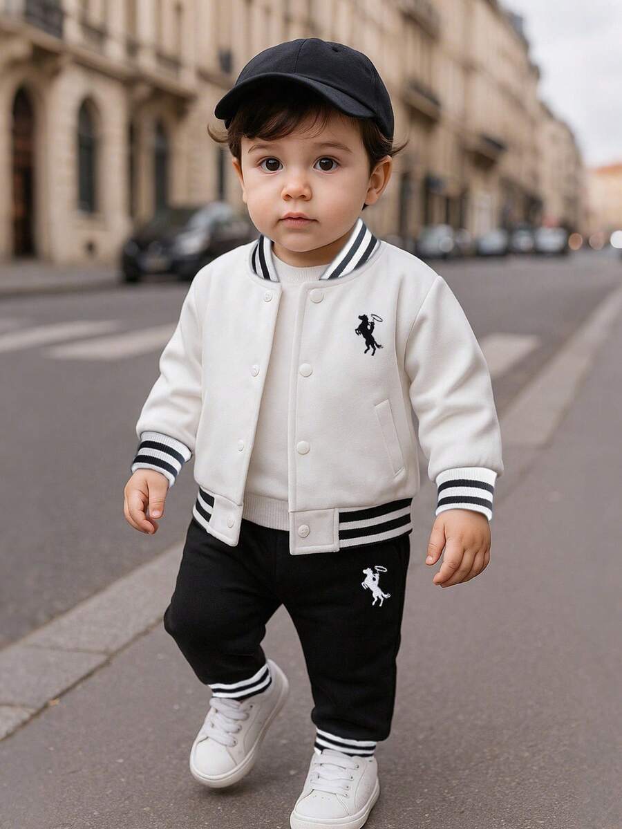 SHEIN Playful Pals 男婴条纹飞行员夹克和运动裤