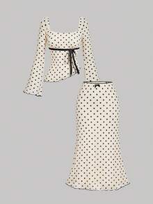 SHEIN MOD Women's Polka Dot Asymmetric Hem Bow Apricot Suit, Fall /Winter,Halloween,Christmas, Going Out,Chic,Casual,Prom,Graduation,Party,Casual,Formal,Luxury, Polka Dot Outfit, 2 Pieces Skirt Sets Woman, Two Pieces Skirt Set Summer, Midi Skirt Set