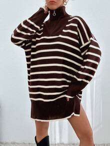 EURMUSE Women Stiped Knit Design Knit Dress With Zipper Detail - Brown - View 3