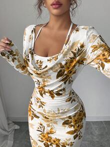 Elenzga 新款蓝白花卉印花性感优雅垂坠领荷叶边系腰紧身迷你连衣裙，秋冬汗衫连衣裙 - 棕色 - 查看 4