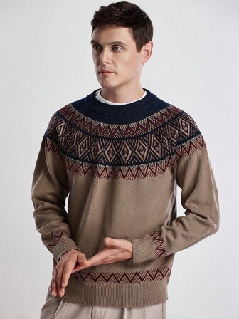 Manfinity CityGents Men's Geometric Pattern Crew Neck Casual Loose Knit Sweater, Autumn Christmas Flannel Sumwon Twilight Christmas