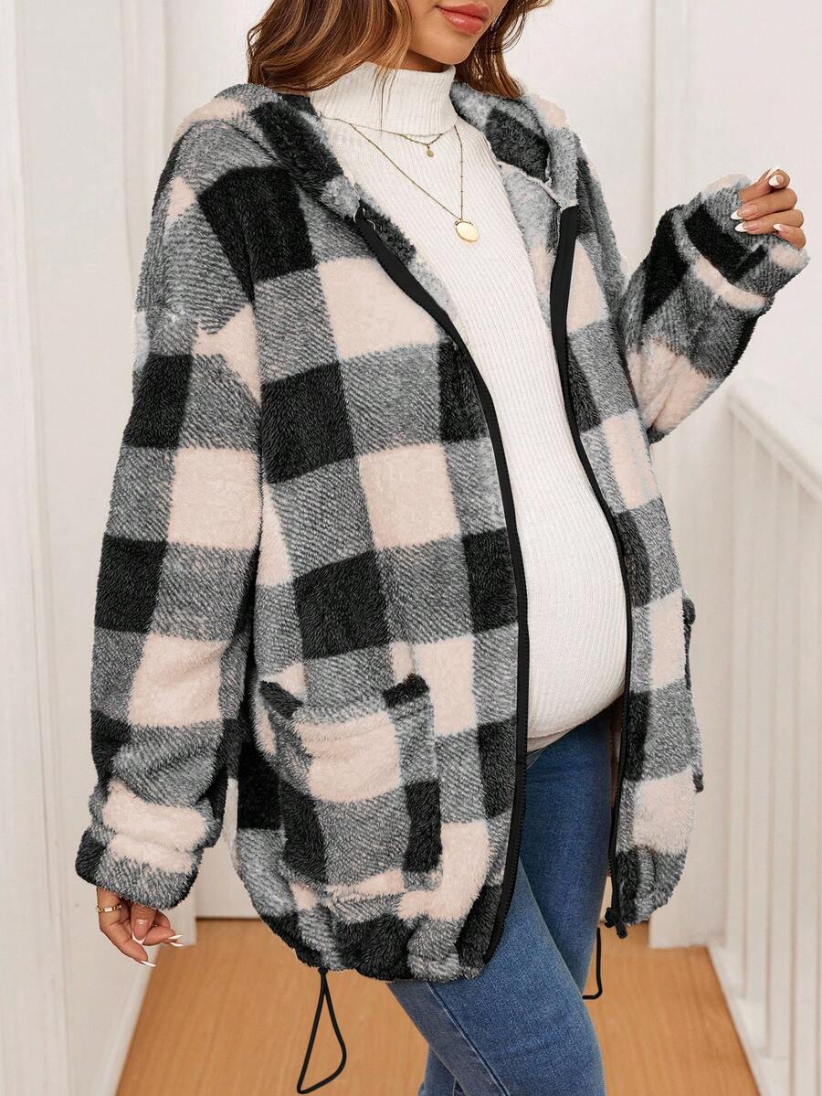 SHEIN Pregnant Women's Casual Commuting Collegiate Style Patterned Dropped Shoulder Loose Zip-Up Hooded Teddy Fleece Jacket, Autumn/Winter Flannels For Women Women Cardigan Plaid Button Up Sweater Cardigan Maternity Clothes Fall Winter - Multicolor - View 1