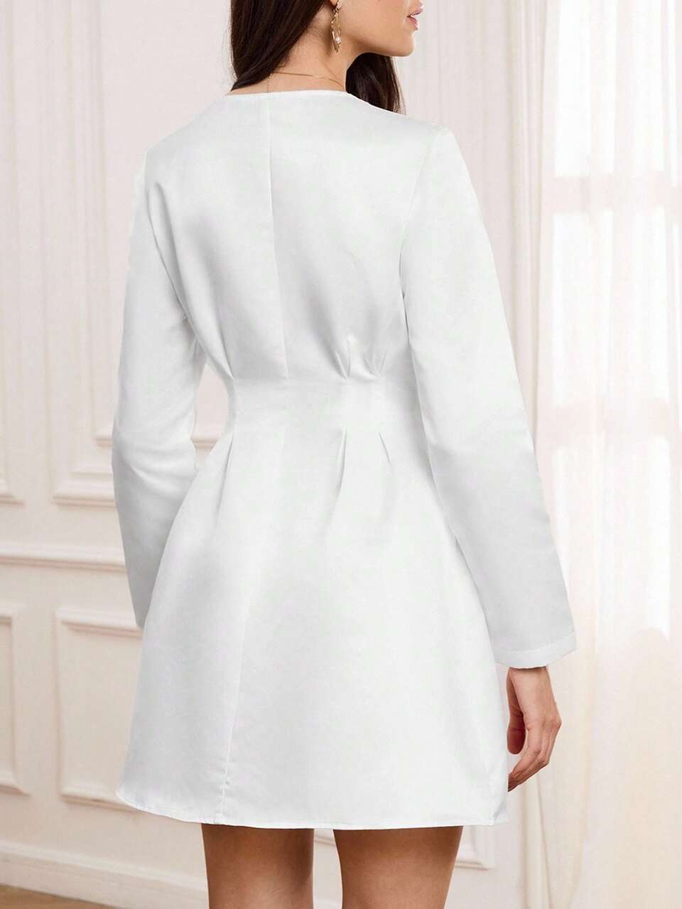 Women's Elegant White V-Neck Metal Buckle Waist Cardigan Dress,Autumn Office Chic Zip-Up Dress For Parties,Gatherings,Prom & New Year Fall Outfits