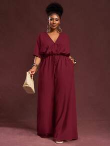 Veslaya 2025 Autumn & Winter New Arrivals, Women's Fall/Halloween/Winter Clothes, Plus Size, Music Festival/Halloween Outfits, Easter, Western, Boho, Birthday Party, Graduation, Student, Casual, Vacation, Cruise, Beach, Sunbathing, Fashionable, Women White Textured Loose Waist Wide Leg Jumpsuit, Plus Size - Burgundy - View 10