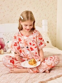 Tween Girl Halloween Funny Ghost & Pumpkin Print Flame Retardant Milk Silk Casual Pajama Set, For Christmas