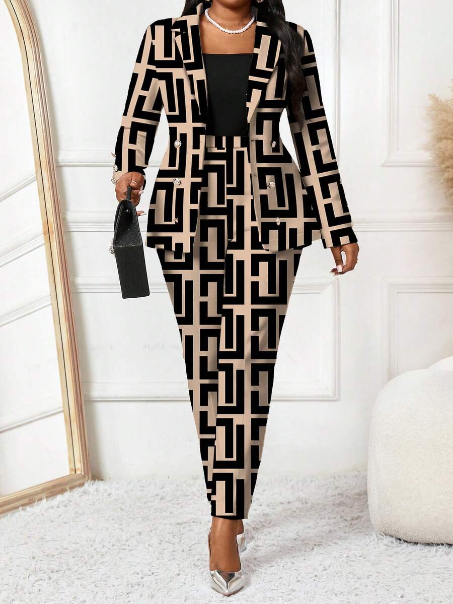 SHEIN Lady 秋冬优雅针织翻领纽扣长袖大码蓬松外套 - 彩色 - 查看 1