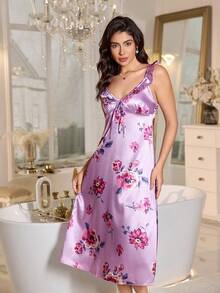 LuxeNights Floral Print Faux Silk Ruffle Hem Women Nightgown - Purple - View 3