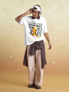 GARFIELD | SHEIN Men's Casual Letter & Cat Print Short Sleeve T-Shirt, Summer - White - View 4