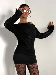EgrlEra Neuer Damen Herbst/Winter Einzelteil mit Off-Shoulder Design, Manschette mit aufwendiger Häkelschleifenziehband-Gestaltung, eleganter personalisierter Pullover für Dates - Schwarz - Übersicht 5
