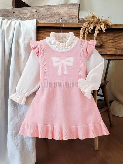 SHEIN Vintaside Kids Baby Girl Fashionable Cute Versatile White & Pink Contrast Color Cartoon Bow Knitted Dress, Autumn/Winter Fall