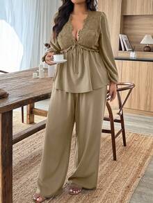 Weeklong Plus Size Women Deep V-Neck Lace Patchwork Lantern Sleeve Pleated Ruffle Tie Front Top And Wide Leg Pants 2 Pieces Set - Khaki - View 5