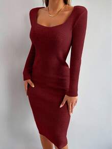 EURMUSE Women's Autumn Commuter Simple Solid Color Keyhole Neck Fitted Sweater Dress - Burgundy - View 3
