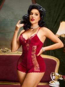 Women's Mesh Embroidery Cami Romper - Burgundy - View 4