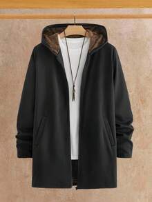 Manfinity BRENVOR Men's Thermal Lined Hooded Mid-Length Trench Coat, Autumn/Winter Hooded Jacket Men Outerwear Long Jacket Men Plus Size Coat Men Winter Clothes - Black - View 1