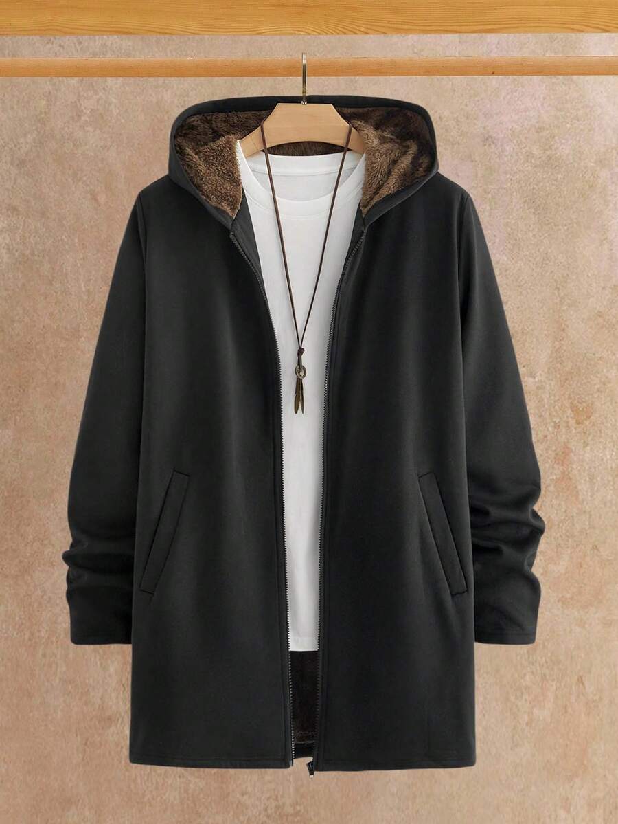 Manfinity BRENVOR Men's Thermal Lined Hooded Mid-Length Trench Coat, Autumn/Winter Hooded Jacket Men Outerwear Long Jacket Men Plus Size Coat Men Winter Clothes - Black - View 1