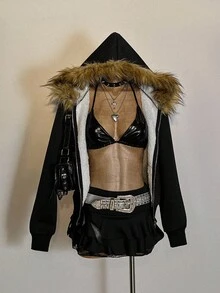 Attitoon Women's Casual Zip-Up Thermal Lined Hooded Sweatshirt With Fur Collar, Suitable For Fall/Winter, Retro Vintage, Y2k, Cross Graphic Print, Streetwear, Vintage, Retro, Grunge, Punk