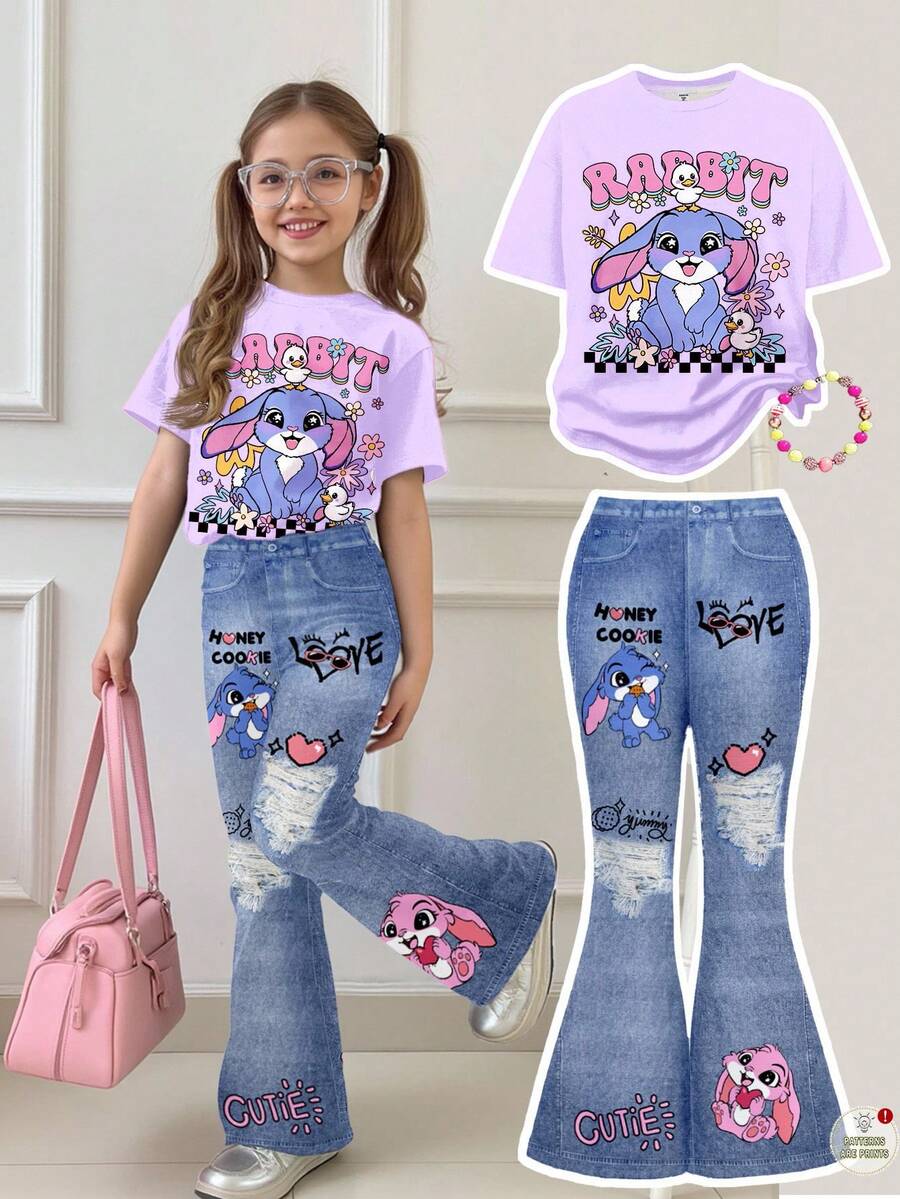 SHEIN Leap Crew 2pcs Tween Girls Casual Loose Fit Round Neck Short Sleeve T-Shirt And Flare Pants Set, Featuring Cute Cartoon Rabbit, Floral, Heart Patterns In Bright Purple And Blue, Suitable For Autumn Outfits, Easy Comfort, Autumn Layers, Stylish Kids, Casual Wear, Kids Graphic Clothes, Back To School, Fall Clothes, Homecoming Tween Clothes Casual Set 3pcs Sets Teen Girls Sets Teenage Girl Clothes Set Girls Jeans Sets Baddie Outfit Tween