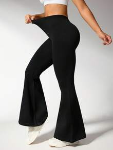 Rhythm Era 1pc Women Plus Size Seamless High Stretch Ribbed V-Back Yoga Fitness Workout Gymnastics Dance Flare Pants Black Flared Leggings Flare Yoga Pants Women Flare Leggings Weight Loss Flare Workout Pants Harley Quin - Black - View 6