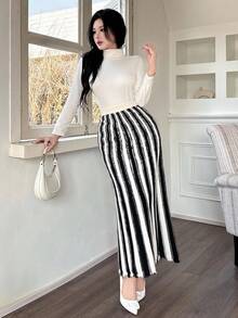 DAZY 女士休闲撞色条纹A字毛衣半裙，秋冬女装半裙 - 黑色 - 查看 5