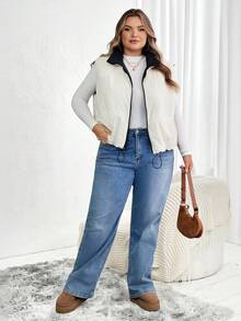 SHEIN CURVE+ 大码女式短款羽绒服，双面可穿，适合秋冬季节穿着 - 黑色 - 查看 4