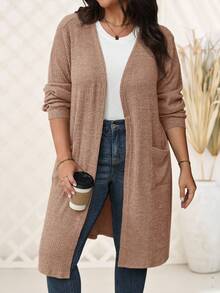 EMERY ROSE Plus Size Casual Ribbed Dual Pocket Front Cardigan, Autumn Fall Clothes Plus Size Plus Size Cardigan Plus Size Winter Clothes Fall Clothes For Women Brown Cardigan - Khaki - View 5